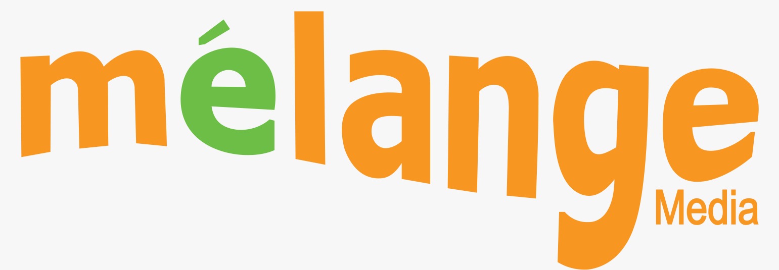 Mélange logo featuring the word "mélange" in a bold, sans-serif font, styled in a subtle arc shape against a light grey background. The letter "é" stands out in a vibrant green color with a sharp acute accent mark, while the rest of the letters ("m", "l", "a", "n", "g", "e") are a warm orange. Tucked neatly beneath the final "ge" on the right side, the smaller word "Media" is written in the same orange, sans-serif typography.