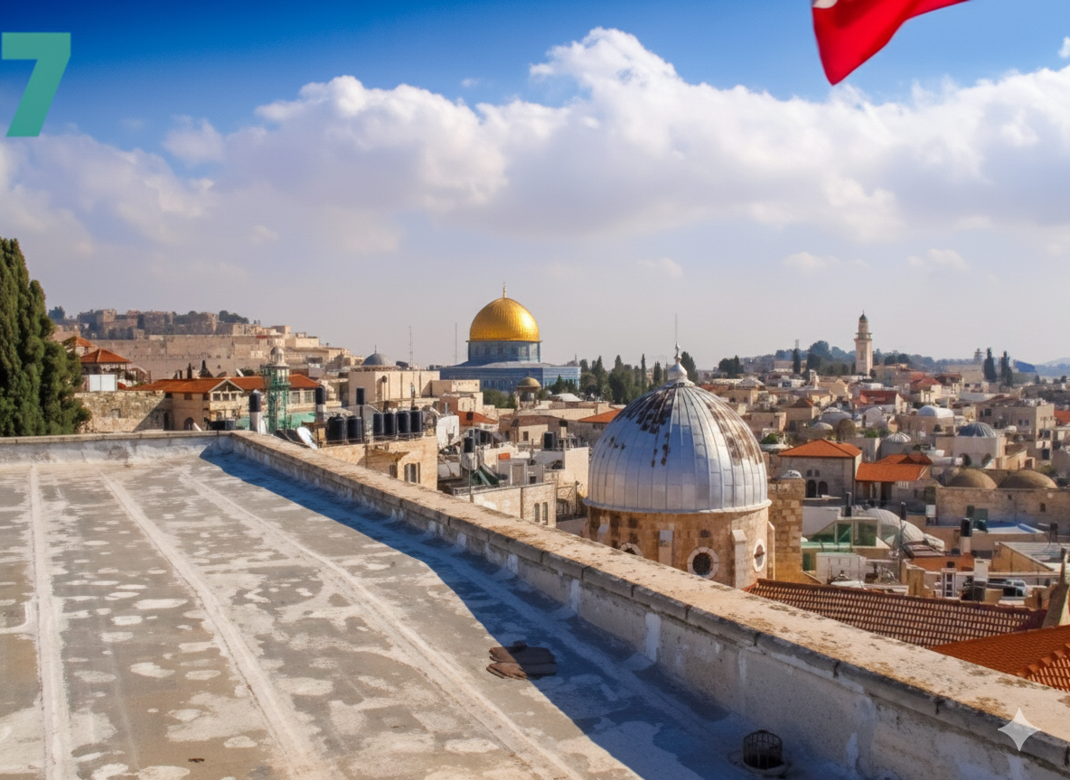 A panoramic view of the Old City of Jerusalem skyline taken from a rooftop. The iconic golden Dome of the Rock is centered in the background, with a silver-domed building in the middle ground, surrounded by densely packed stone buildings with a red flag visible on the right.