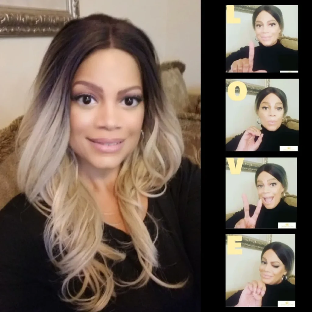 A collage featuring a large portrait of a smiling woman on the left, next to a vertical strip of four smaller, square photos on the right. The woman has long, wavy ombré hair that is dark brown at the roots and blonde at the ends. The four smaller photos on the right show her making four different hand signs, each corresponding to a letter, spelling out the word "L-O-V-E" vertically with yellow text next to the images.