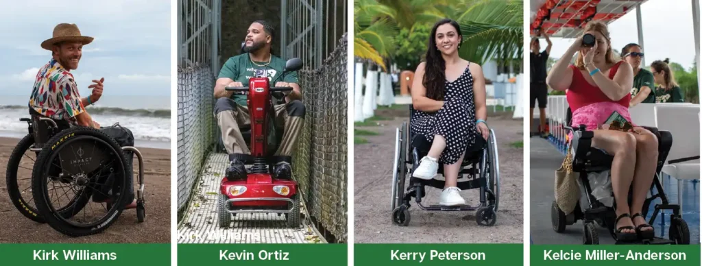 A four-panel photo collage showcasing four individuals with mobility devices, with their names labeled beneath them. Kirk Williams: A man in a straw hat and colorful shirt sits in a manual wheelchair on a sandy beach, pointing to his right. Kevin Ortiz: A man with a beard sits on a red mobility scooter on a rustic, suspended wooden and metal bridge. Kerry Peterson: A smiling woman with long dark hair, wearing a polka-dot dress and white sneakers, sits in a manual wheelchair on a dirt or gravel path outdoors with palm trees in the background. Kelcie Miller-Anderson: A woman in a pink top and skirt sits in a powered wheelchair on a boat or ferry, looking through binoculars.
