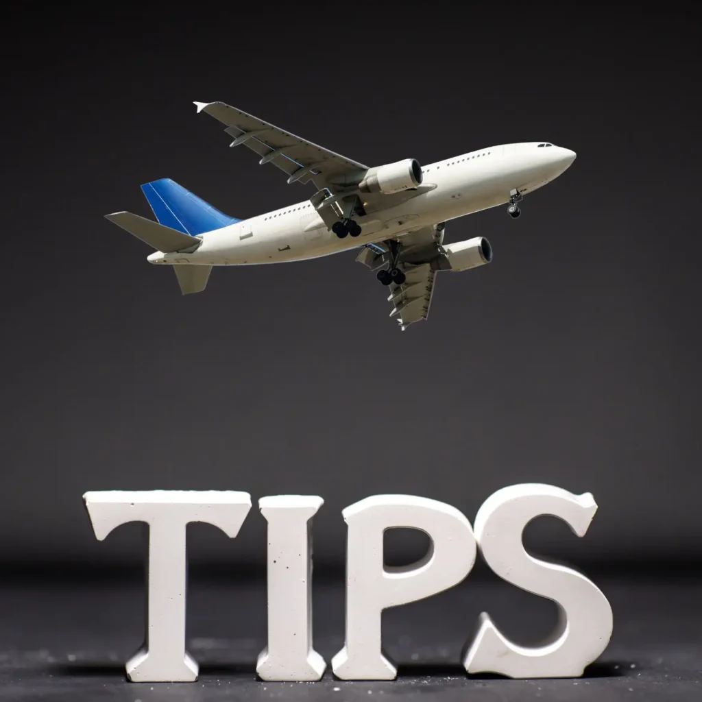 A small model of a white airplane with a blue tail is flying above the word TIPS, which is spelled out in large, white, dimensional letters resting on a dark surface. The background is a solid, dark grey or black, making the airplane and text stand out. This image suggests advice or helpful hints related to air travel or flying.