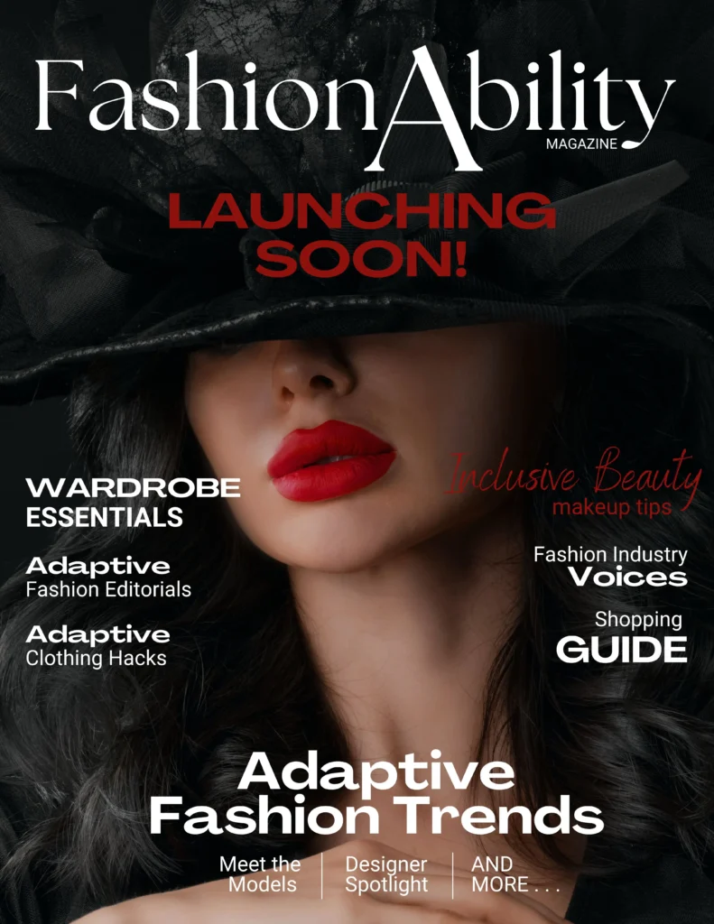 A close-up of a woman with long dark hair, bright red lips, and a black hat with elaborate black fabric. The hat partially obscures her face, creating a mysterious and stylish look. The overall design is elegant and sophisticated, focusing on adaptive fashion and inclusive beauty.