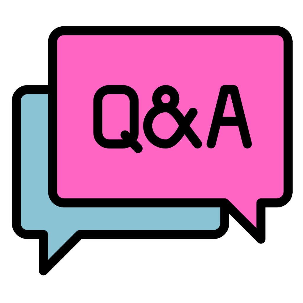 The image shows two speech bubbles overlapping, one in pink and the other in light blue. The pink bubble is in the foreground with "Q&A" written in bold black text, while the blue bubble is behind it, giving a layered appearance. The image represents a question-and-answer format in a simple and visually engaging style.