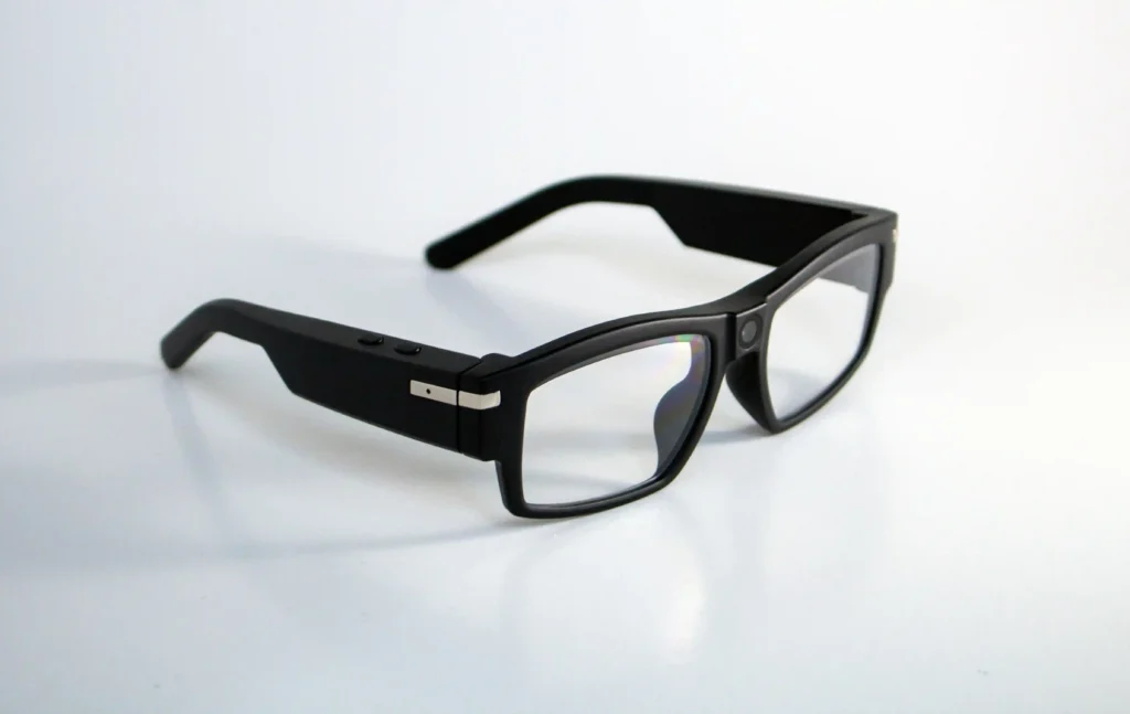 The image shows a pair of smart glasses with a black frame. The glasses have slightly thick arms, with two buttons visible on one side and a small metallic accent near the hinge. The lenses are clear, and a small circular sensor or camera is embedded at the top center of the frame, near the bridge of the glasses. The design appears sleek and modern, hinting at the presence of integrated technology.