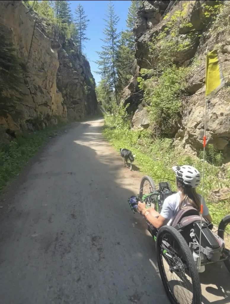 The image shows a person riding a handcycle along a scenic, narrow path between tall, rocky cliffs. The path appears to be unpaved, and the surrounding area is lush with greenery, including trees and shrubs growing along the rocks. The person is wearing a helmet, and a yellow flag is attached to the back of the handcycle for visibility. A dog is walking ahead of the cyclist, adding a sense of companionship. The scene is bathed in natural sunlight, highlighting the outdoor, adventurous atmosphere.