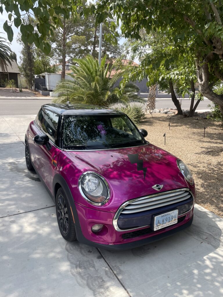 A vibrant magenta Mini Cooper with a black lightning bolt decal on the hood is parked in a driveway. The car has a black roof and black wheels. The surroundings include lush greenery with palm trees, other plants, and a residential street in the background. The weather appears sunny with scattered shade.