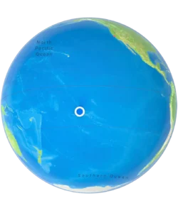A globe highlighting the central Pacific Ocean, with labeled oceans and a white dot marking a specific location in the ocean.