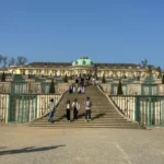 Silhouetted windmill with visible blades against a bright sun and bare trees, creating a serene twilight atmosphere.