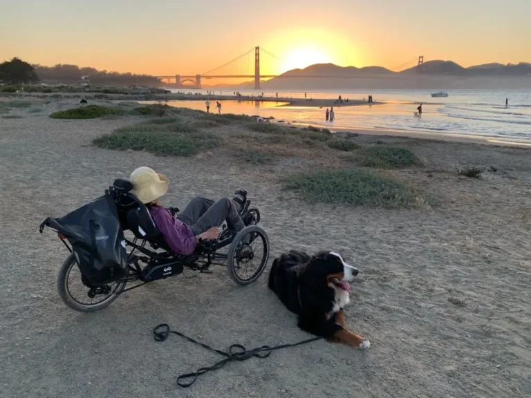 A person relaxes in a recumbent bike at the beach with a Bernese mountain dog, backdrop of the sunset and Golden Gate Bridge.