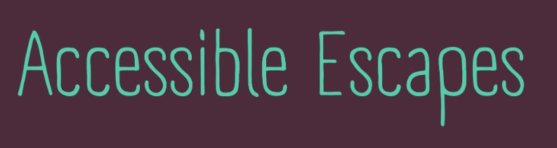 Logo with the text 'Accessible Escapes' in a light teal, rounded font on a dark maroon background.