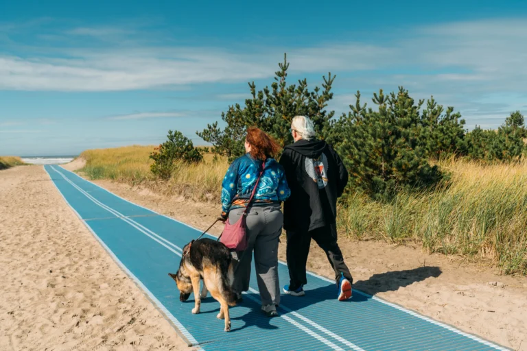 Two people walk a dog along a blue mat path leading to the beach, surrounded by grass and pine trees under a clear sky.