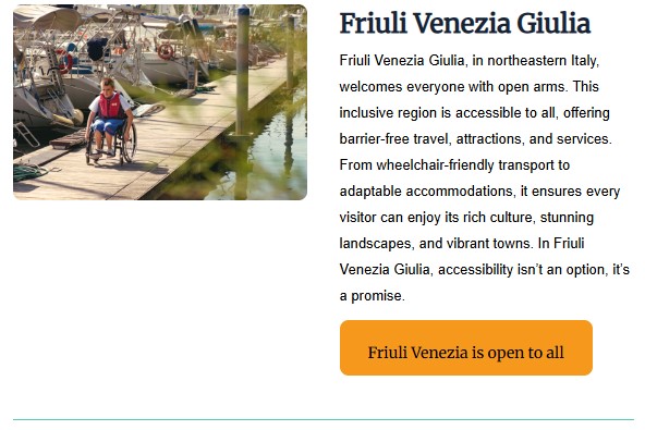 Traveler using a wheelchair navigating an accessible marina in Friuli Venezia Giulia, Italy—highlighting inclusive travel features like barrier-free walkways and accessible tourism experiences