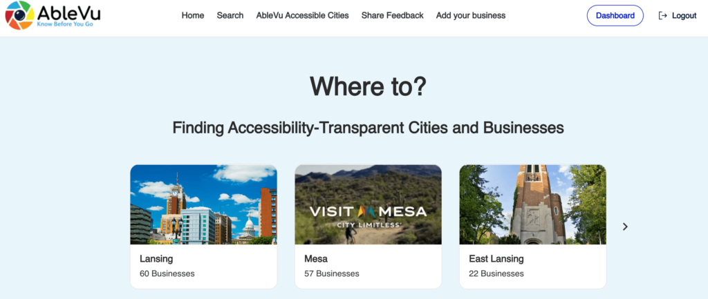 Screenshot of AbleVu website homepage featuring cities for accessibility, including Lansing, Mesa, and East Lansing.