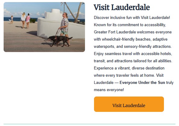 Blind traveler walking with a guide dog along an accessible beachfront promenade in Greater Fort Lauderdale, Florida—showcasing the region’s inclusive tourism with sensory-friendly and accessible experiences.