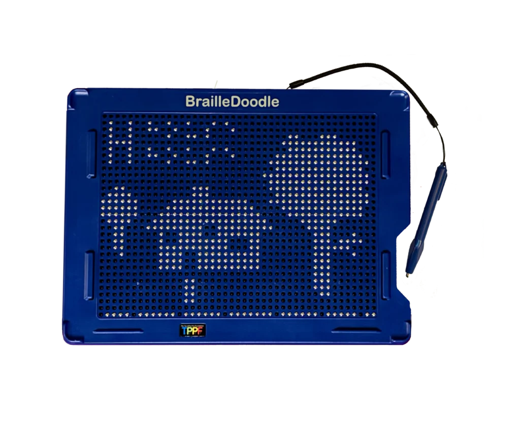 A blue BrailleDoodle drawing tablet with a stylus, featuring a grid of raised dots for tactile drawing and learning.