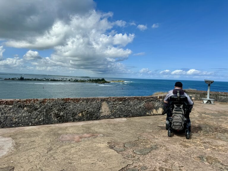 A person in a wheelchair looks out over the ocean from a stone terrace, with a distant island, blue sky, and scattered clouds in the background. A coin-operated viewer is nearby.