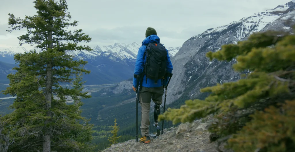 A hiker in a blue jacket and green beanie walks away from the camera on a mountain trail, carrying a backpack and trekking poles. The view shows a dramatic valley with snow-capped mountain ranges in the distance, evergreen trees in the foreground, and cloudy skies overhead.