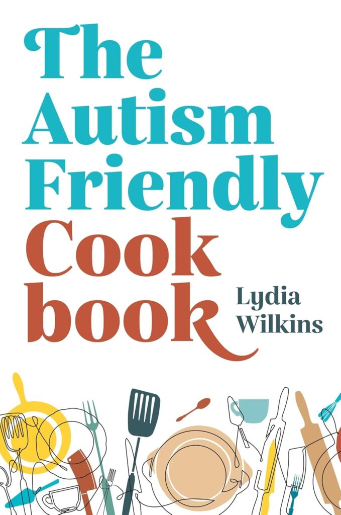 A book cover with a white background and a line drawing of various kitchen utensils and bowls along the bottom. The title is in large, bold text. "The" and "Autism Friendly" are in blue, while "Cookbook" is in a reddish-brown color.