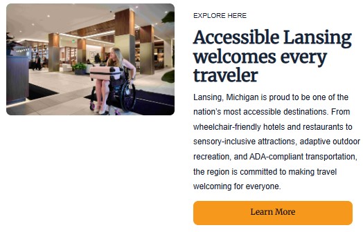 Woman using wheelchair with luggage checking into accessible hotel lobby in Lansing Michigan promoting inclusive travel for all visitors.