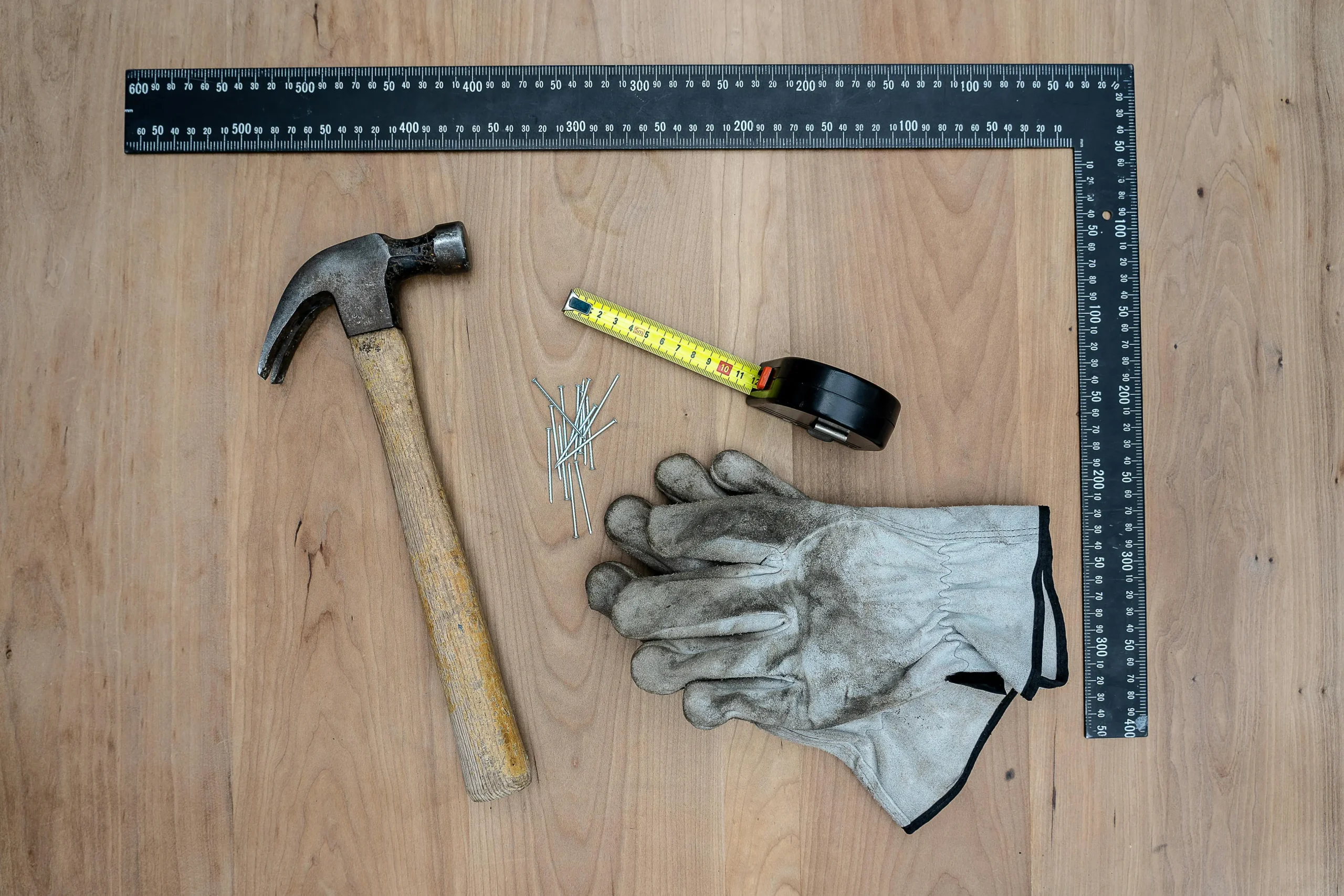 A top-down shot of various tools laid out on a light wooden floor. The tools include a claw hammer, a tape measure, several loose nails, and a pair of worn work gloves. A large black framing square is also visible.