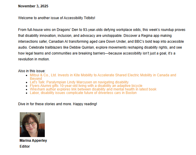 Portrait of Marina Apperley, Editor of 'Accessibility Tidbits' newsletter, wearing glasses and a burgundy top, promoting a roundup of disability innovation, inclusion, and advocacy news.