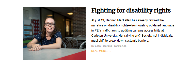 Portrait of Hannah MacLellan, a young woman with glasses, smiling and seated at a table in a university setting, representing a youth advocate fighting for systemic disability rights and campus accessibility.