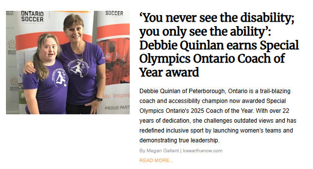 Special Olympics Ontario Coach of the Year Debbie Quinlan, wearing a purple shirt, posing with her arm around a female athlete with Down syndrome, celebrating their recognition for inclusive sports leadership.