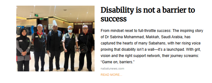 Group photo of five individuals, including Dr. Sabrina Mohammad, in a commercial or airport setting, dressed in work uniforms, symbolizing success and leadership despite disability barriers.