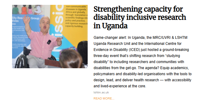 A news article photo showing a white man with closely cropped hair, wearing a pink button-down shirt, sitting in a manual wheelchair with his arms raised enthusiastically as he speaks at an event. The headline reads: "Strengthening capacity for disability inclusive research in Uganda.