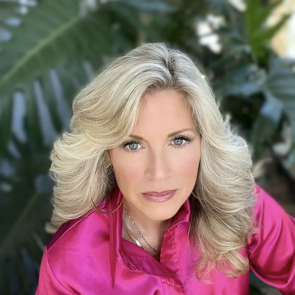 A close-up portrait of a blonde woman, likely designer Mindy Scheier, with voluminous, layered hair and bright blue eyes, wearing a vibrant, fuchsia pink satin collared shirt. She is wearing gold hoop earrings and a gold necklace, and the background is a soft, tropical green foliage.