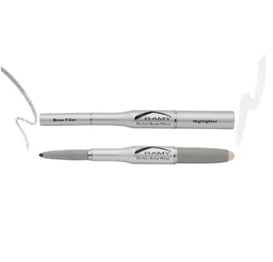 A product shot of two "RAMY Perfect Brow Wand" makeup tools. These are silver double-ended pens. One end is labeled "Brow Filler" and the other "Highlighter." The top wand is shown horizontally, and the bottom one appears to be the same tool rotated to show the brow filler pencil tip and the highlighter sponge tip. Subtle white and grey pencil marks are drawn next to the respective tips.