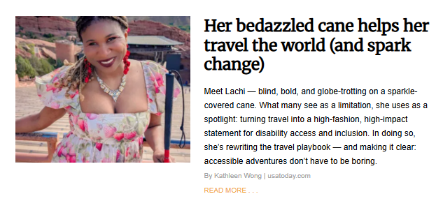 Portrait of Lachi, a woman who is blind, wearing a floral dress, a statement necklace, and holding a sparkle-covered cane, symbolizing her high-fashion approach to accessible global travel.