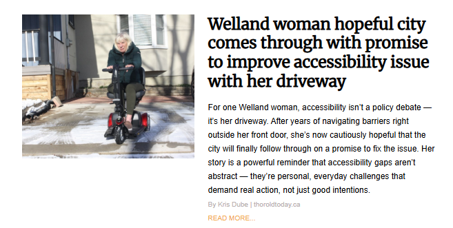 A screenshot of the article titled, "Welland woman hopeful city comes through with promise to improve accessibility issue with her driveway". The photo features a blonde woman in a dark jacket riding a red and black mobility scooter on a partially snow-covered driveway.