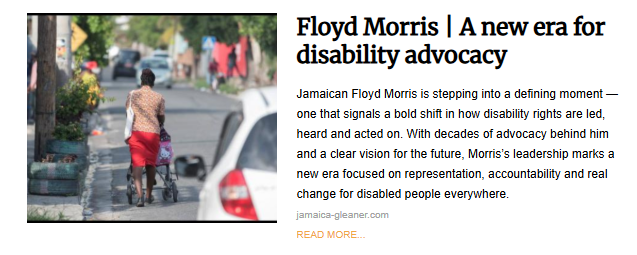 A screenshot of the article titled, "Floyd Morris | A new era for disability advocacy". The accompanying photo is slightly blurred and shows the back of a woman in a red skirt pushing what appears to be a stroller or small cart down a paved sidewalk in a city setting.
