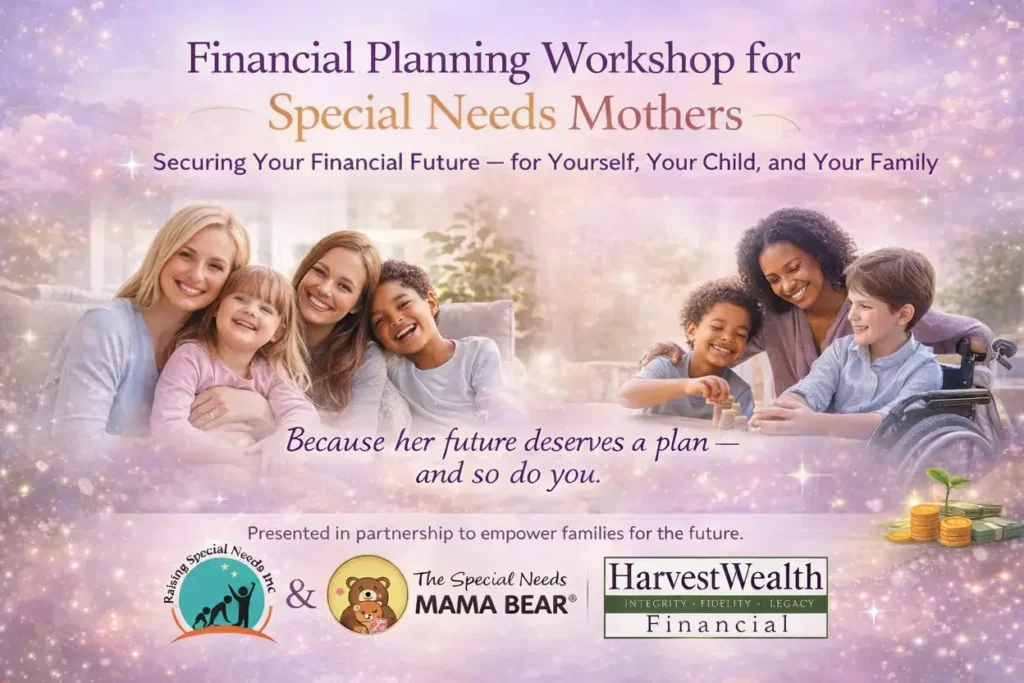 A promotional banner titled "Financial Planning Workshop for Special Needs Mothers." It features soft, ethereal purple and pink tones with images of diverse mothers smiling and playing with their children, including a child in a wheelchair.