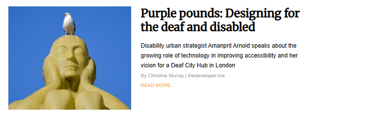 A digital article snippet titled "Purple pounds: Designing for the deaf and disabled" by Christine Murray. To the left of the text is a photo of a yellow, stylized sculpture of a person's head and shoulders with their hands over their ears, and a white seagull perched on top of the head against a clear blue sky. The subtext mentions disability urban strategist Amanprit Arnold and her vision for a Deaf City Hub in London.