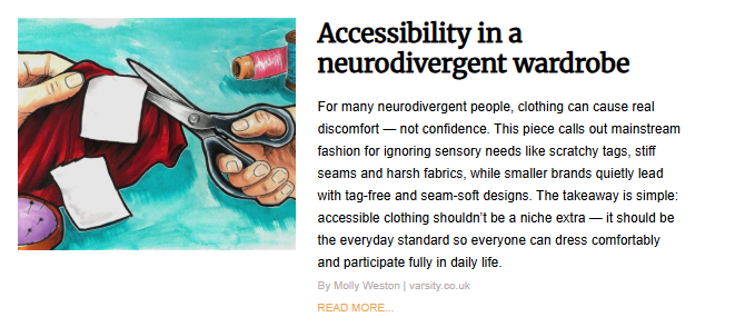 A feature titled "Accessibility in a neurodivergent wardrobe." The illustration shows a pair of hands using silver scissors to cut a white, scratchy-looking tag off a red fabric garment, surrounded by sewing supplies like thread and pins.