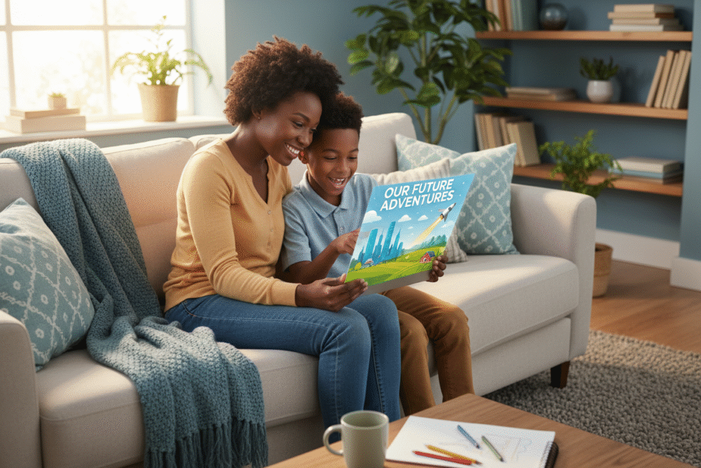 A mother and son are sitting on a light-colored sofa in a bright, modern living room. They are both smiling and looking at a colorful book the mother is holding titled "OUR FUTURE ADVENTURES," which depicts a cityscape and a rocket ship.
