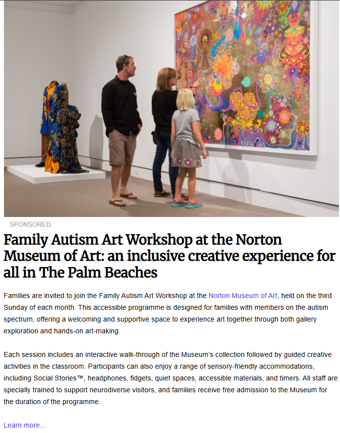 A family viewing a large colorful abstract painting at the Norton Museum of Art during a sensory-friendly Family Autism Art Workshop in The Palm Beaches.