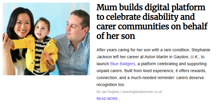 Stephanie Jackson, founder of Blue Badgers, smiling with her husband and son in a yellow raincoat, accompanying an article about her digital platform for disability and carer communities.