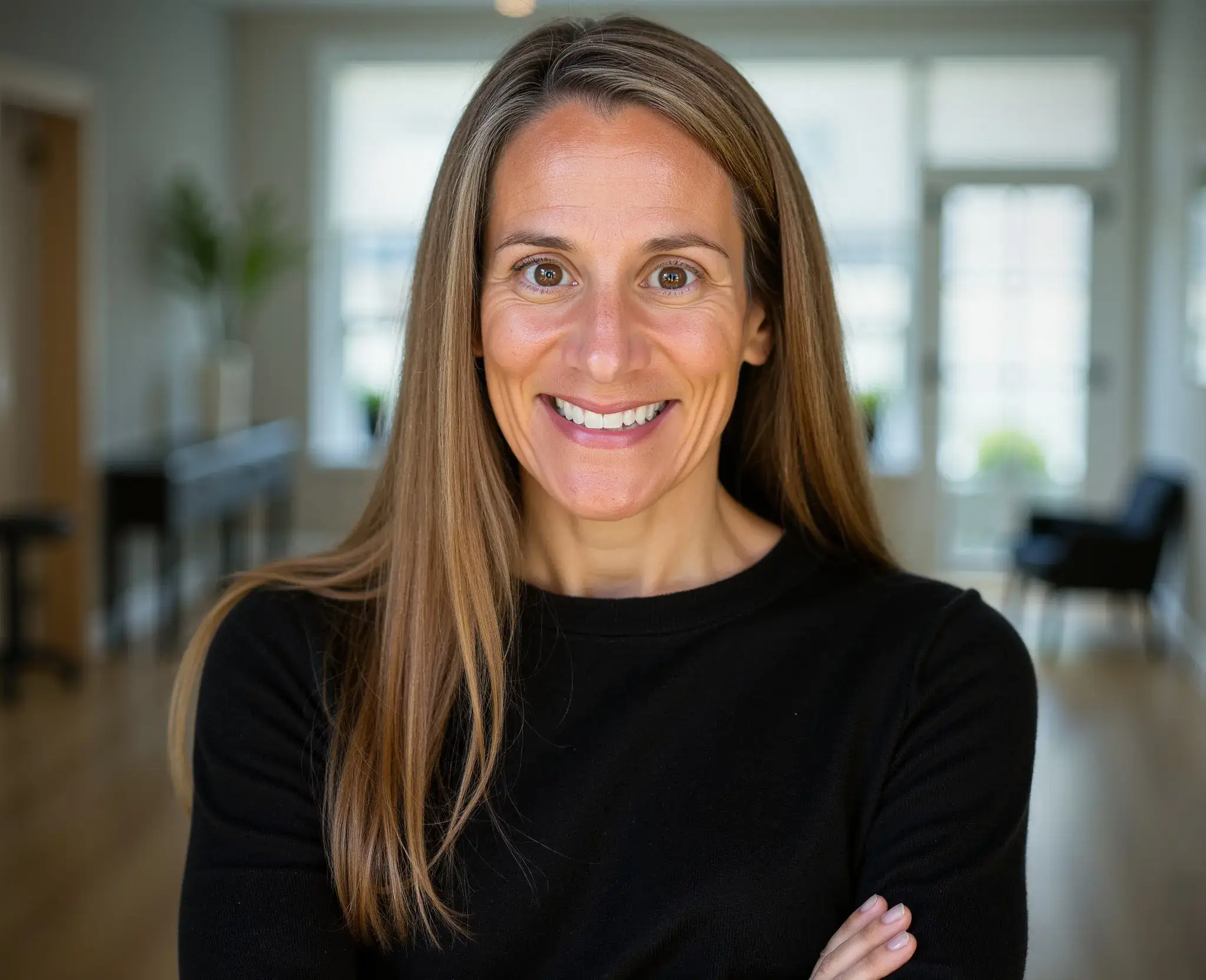 A professional headshot of Nicole L'Etoile, a woman with long, straight light-brown hair and a warm smile. She is wearing a black long-sleeved top and standing with her arms crossed in a brightly lit, modern indoor space with a blurred living area in the background.