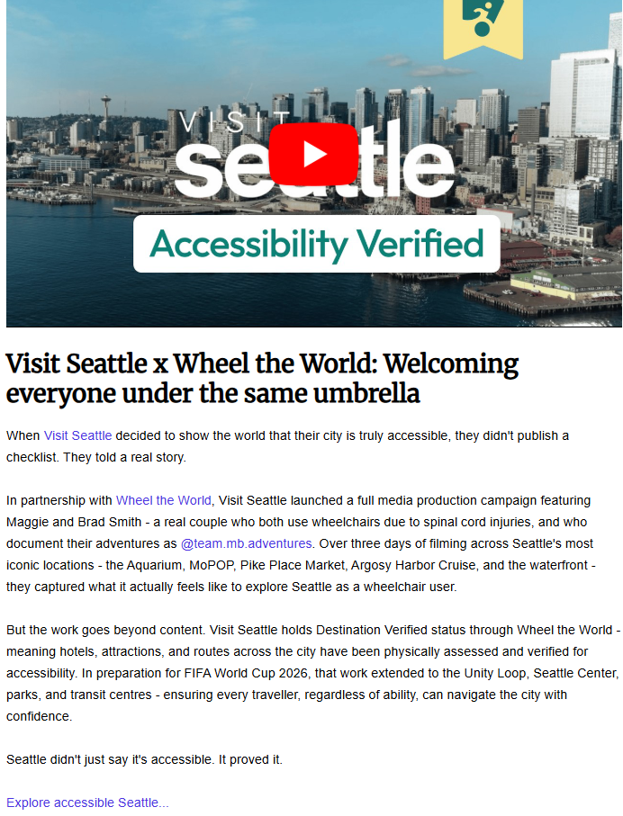 A digital article for "Visit Seattle x Wheel the World" titled "Welcoming everyone under the same umbrella." The header image shows a wide aerial view of the Seattle skyline and waterfront under a clear blue sky, overlaid with a "Visit Seattle" logo and a teal "Accessibility Verified" badge. The text describes a media campaign featuring Maggie and Brad Smith, a couple who use wheelchairs, exploring iconic city locations.