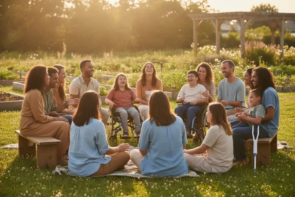 A diverse group of people, including children in wheelchairs, sit in a large circle on a sunlit grassy field. They are laughing and talking together during a golden hour outdoor gathering near a garden and a wooden pergola.