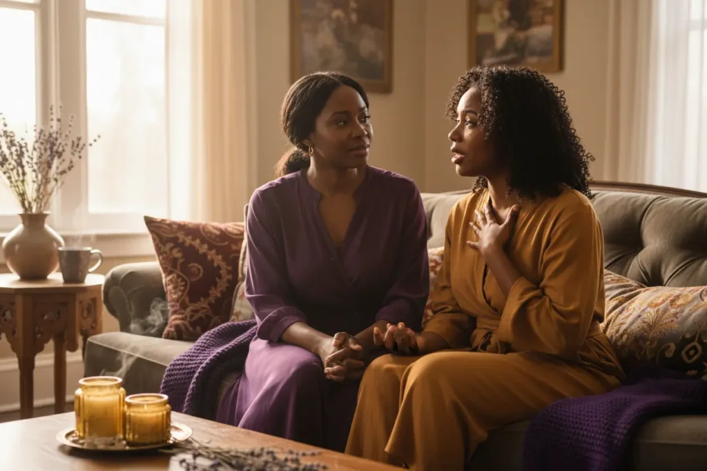 Two women sit closely together on a comfortable sofa in a dimly lit, cozy living room. One woman in a mustard-colored outfit speaks expressively with her hand on her chest while the other woman in a purple dress listens intently.