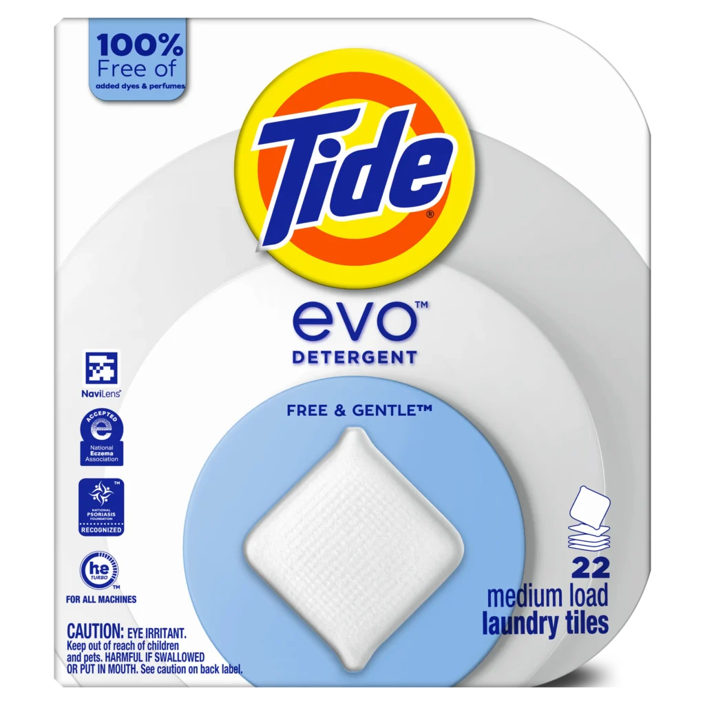 Packaging for Tide evo Free & Gentle detergent showing a 22-count pack of medium load laundry tiles, highlighting that it is 100% free of dyes and perfumes.