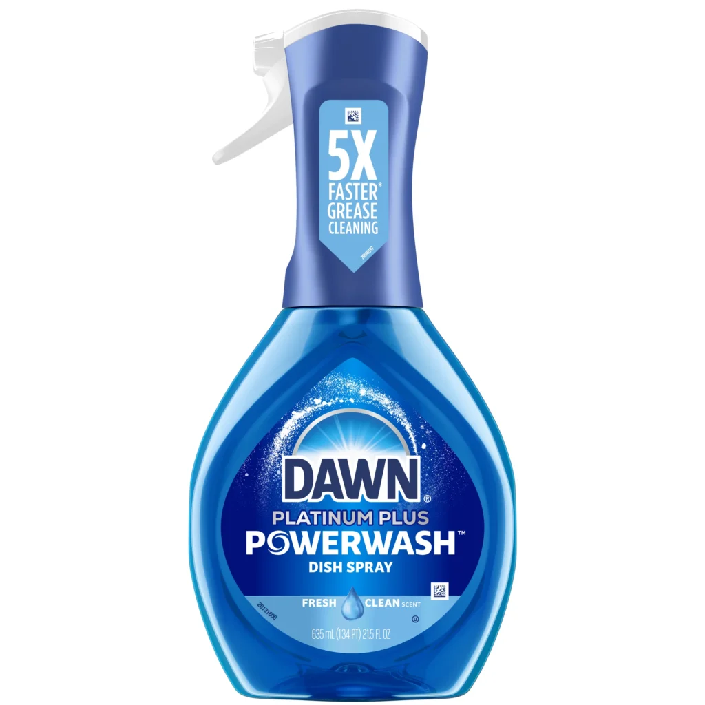 Front view of a 21.5 fl oz bottle of Dawn Platinum Plus Powerwash Dish Spray in Fresh Clean Scent, featuring a blue spray nozzle and a "5X Faster Grease Cleaning" label.