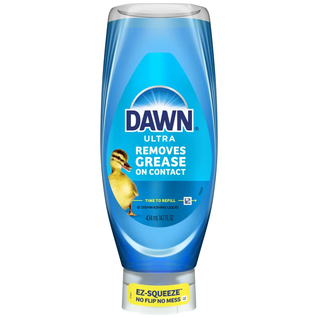 Front view of a 14.7 fl oz Dawn Ultra EZ-Squeeze dish soap bottle, inverted design with a "No Flip No Mess" cap and the iconic yellow duckling on the blue label.