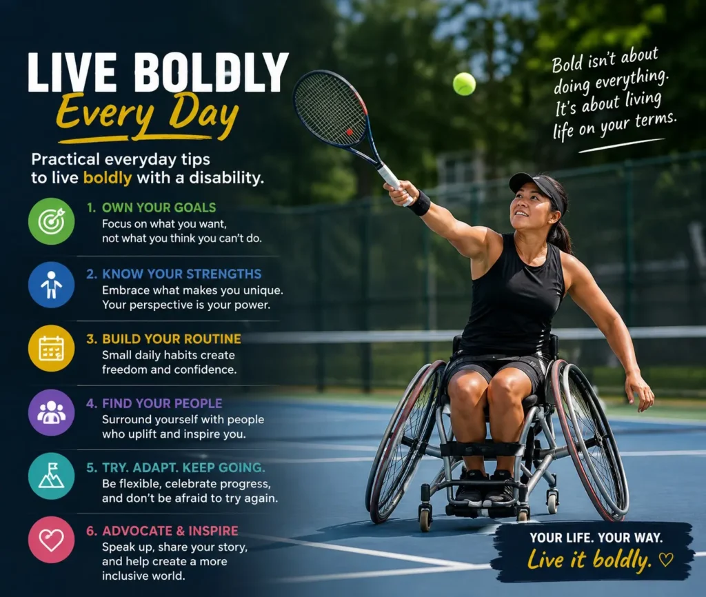 An inspirational infographic titled "Live Boldly Every Day" featuring a woman in a sports wheelchair playing tennis on a blue court. The graphic lists six practical tips for living boldly with a disability, including owning goals, knowing strengths, building routines, finding community, adapting, and advocating for inclusion.