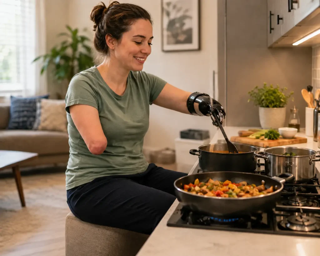 A smiling woman with a limb difference and a prosthetic left arm cooks a healthy meal in a bright, modern kitchen. She is using her prosthetic hand to stir a pot on a gas stove filled with colorful vegetables, demonstrating independent living and adaptive daily skills.