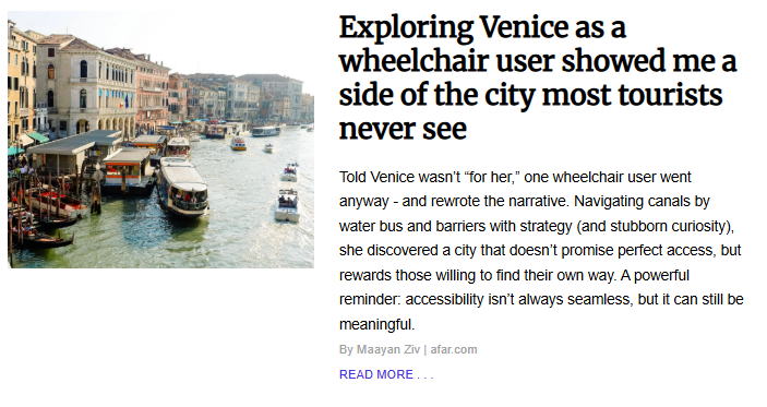 Maayan Ziv shares a personal narrative about navigating Venice's famous canals and historic barriers. The article highlights that while the city doesn't offer perfect access, using water buses and strategic planning can lead to a meaningful travel experience.
